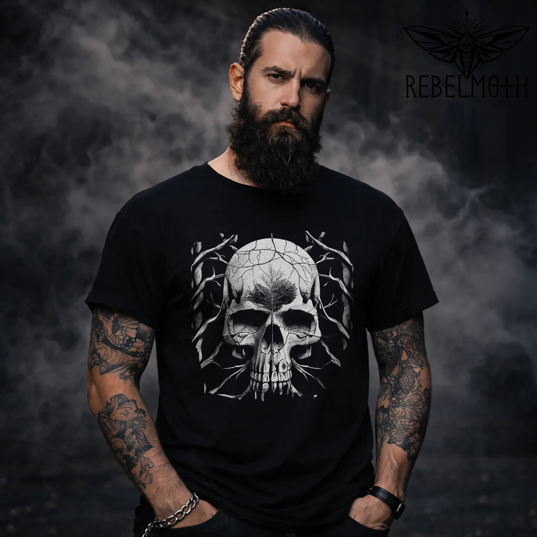 skull tree biker rocker tattoo t-shirt