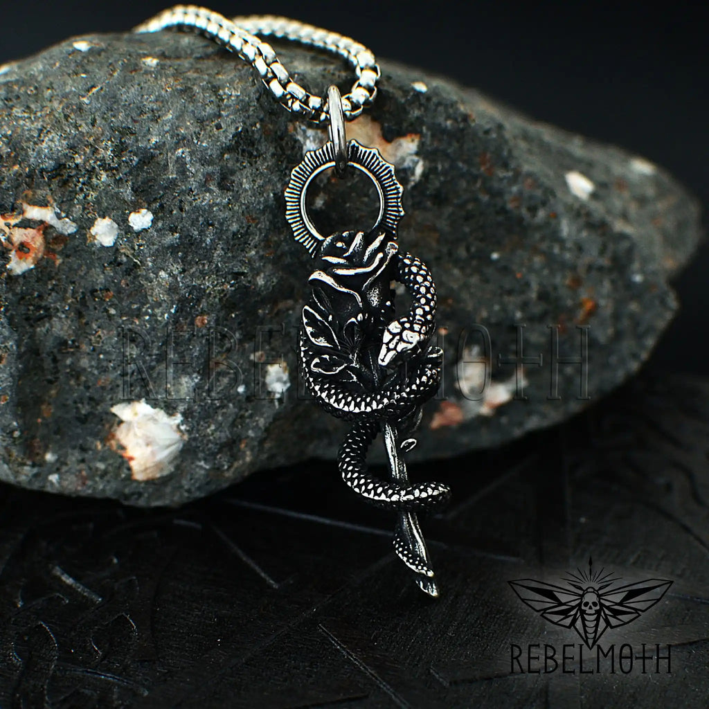 Gothic snake rose necklace in stainless steel with serpent wrapped around rose pendant