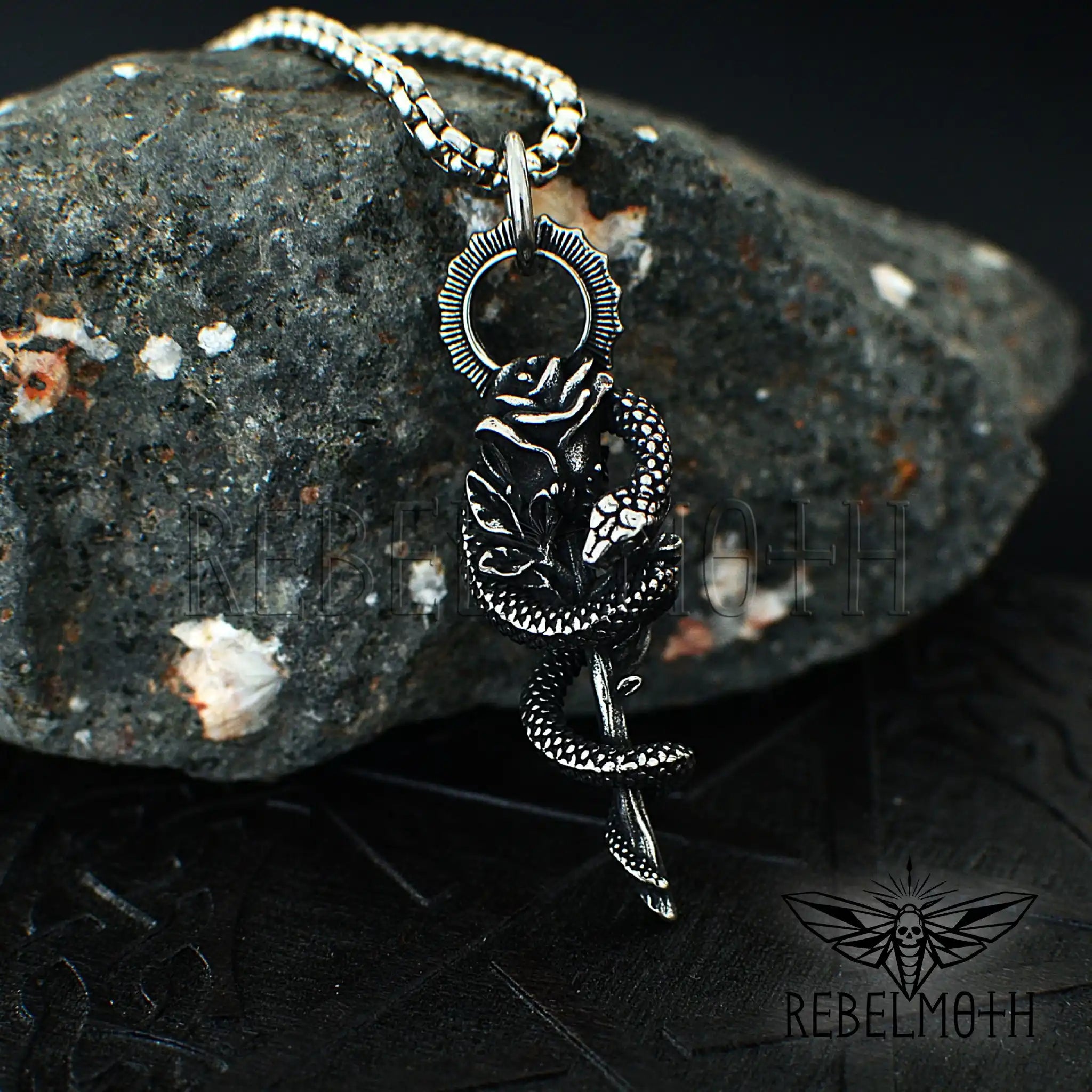 Gothic snake rose necklace in stainless steel with serpent wrapped around rose pendant