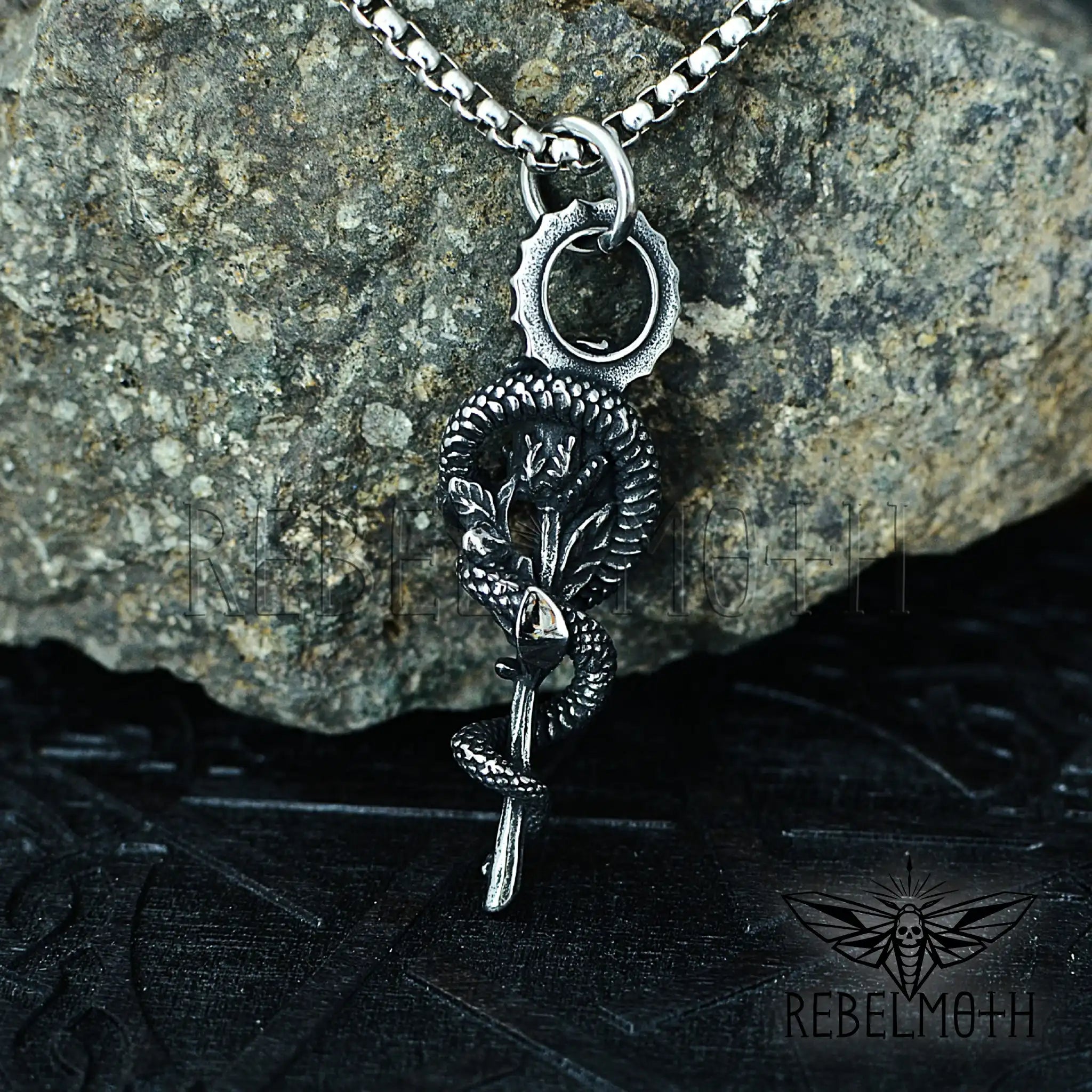 Gothic snake rose necklace in stainless steel with serpent wrapped around rose pendant