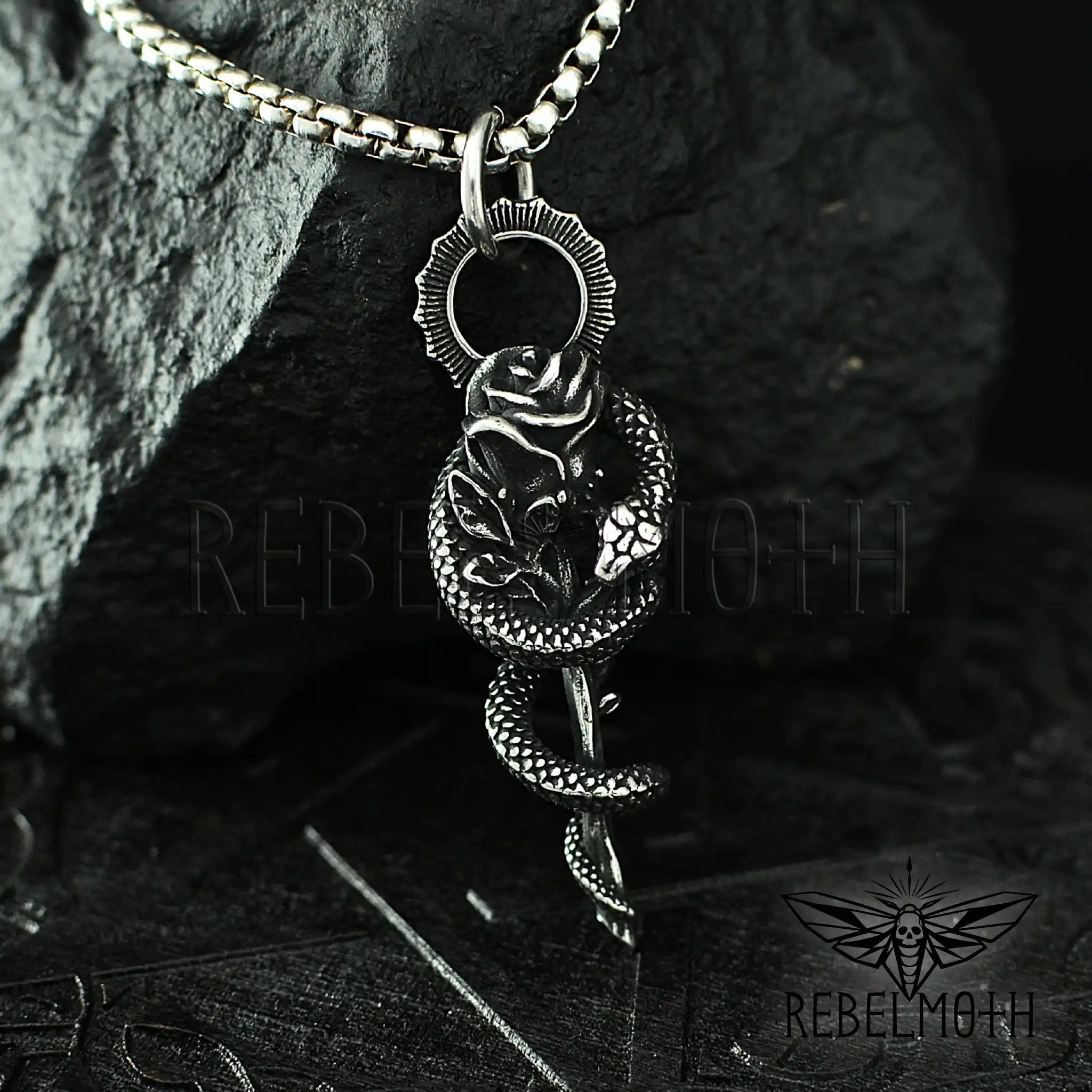 Gothic snake rose necklace in stainless steel with serpent wrapped around rose pendant