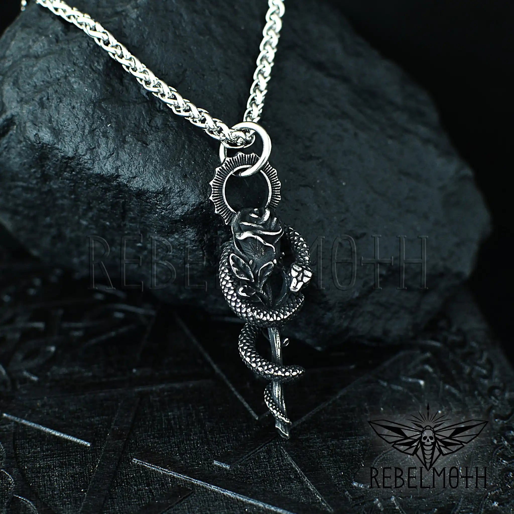 Gothic snake rose necklace in stainless steel with serpent wrapped around rose pendant