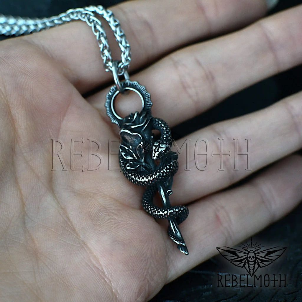 Gothic snake rose necklace in stainless steel with serpent wrapped around rose pendant