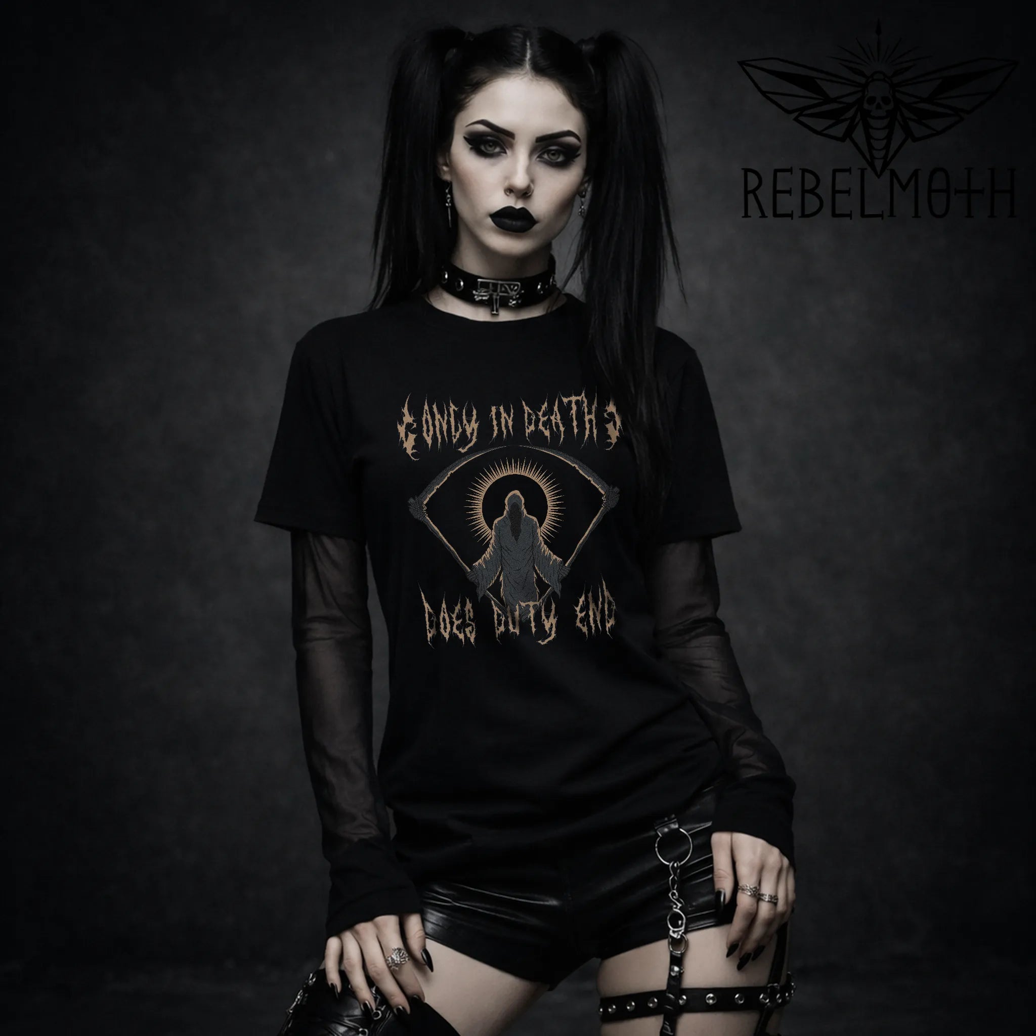 Black t-shirt with grim reaper graphic and black/death-metal style “Only in Death Does Duty End” lettering
