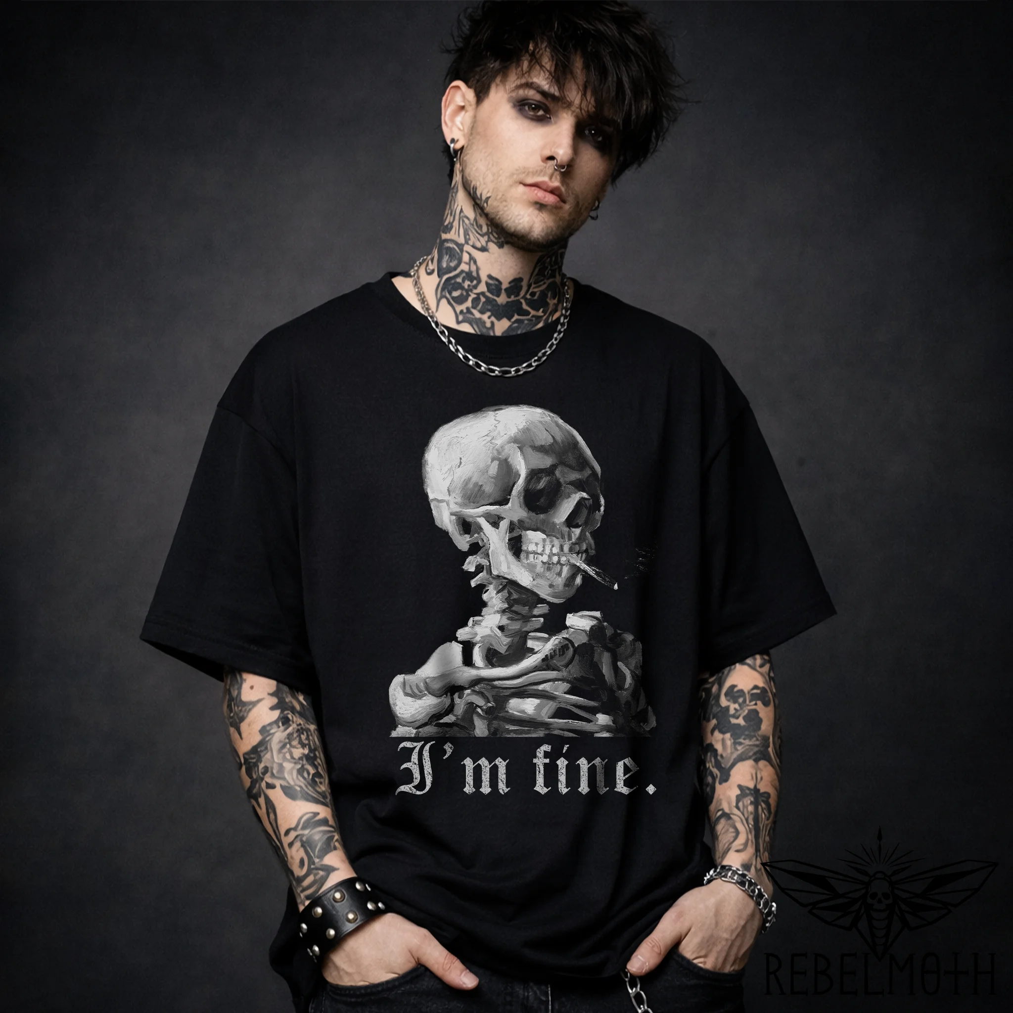 Smoking skeleton “I’m fine” t-shirt with dark humor and goth/grunge energy. Art-inspired skeleton graphic tee for alt streetwear outfits.