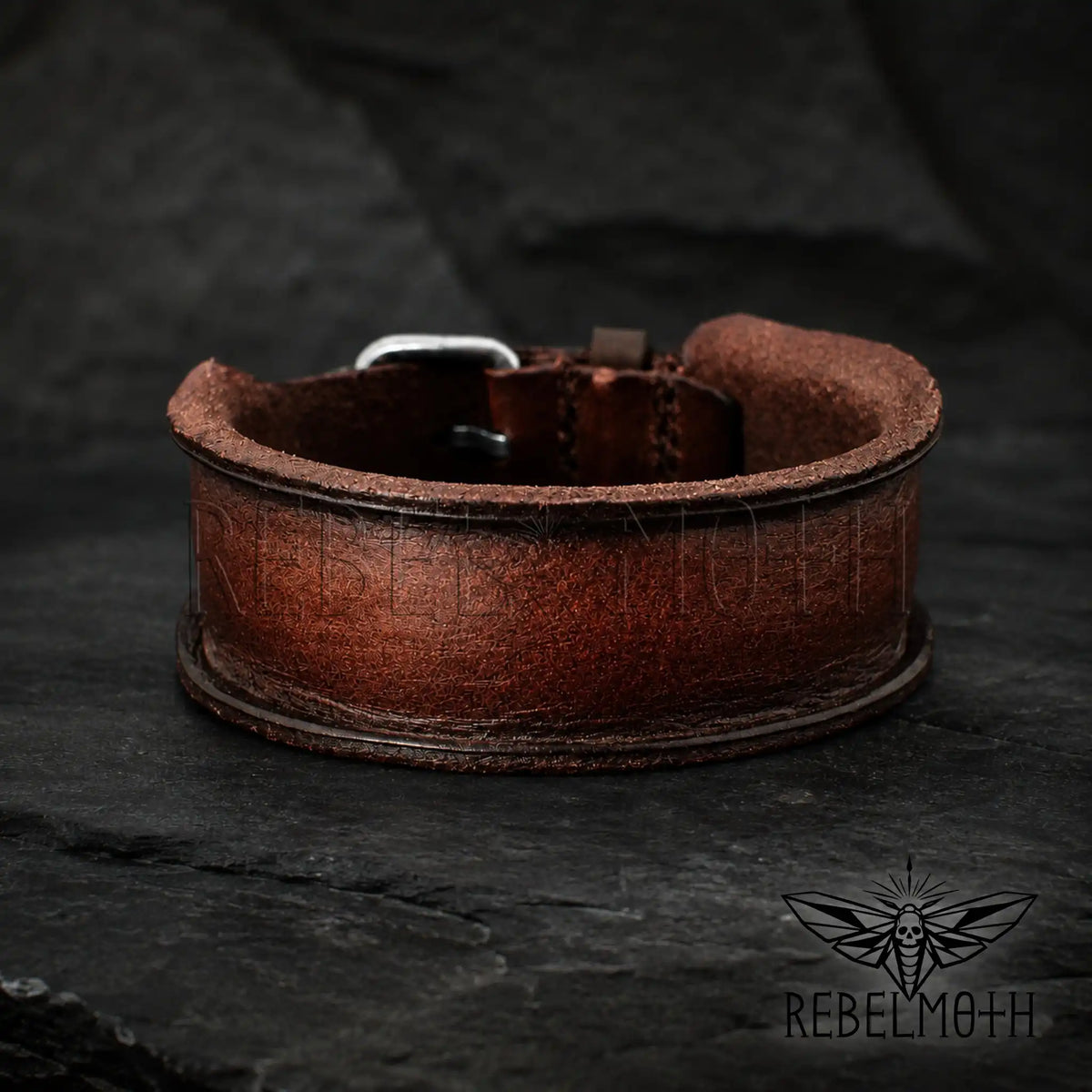 Dark brown biker leather cuff bracelet with buckle closure
