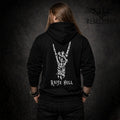 Man wearing a black hoodie with skeleton hand metal horns graphic and “RAISE HELL” text (devil horns back print hoodie)