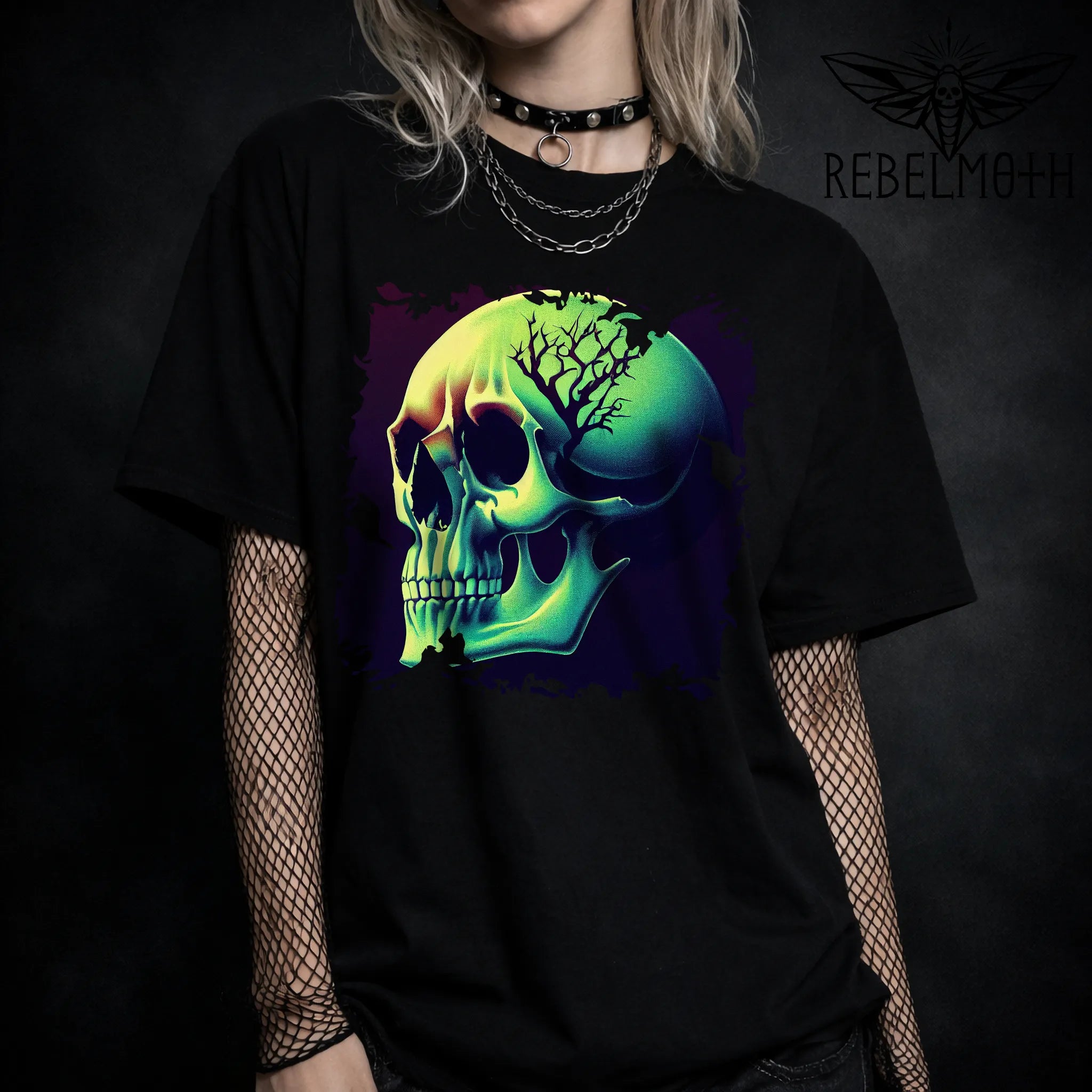 Woman wearing a Neon Skull Black T-Shirt - Cyber Goth Dark Graphic Tee