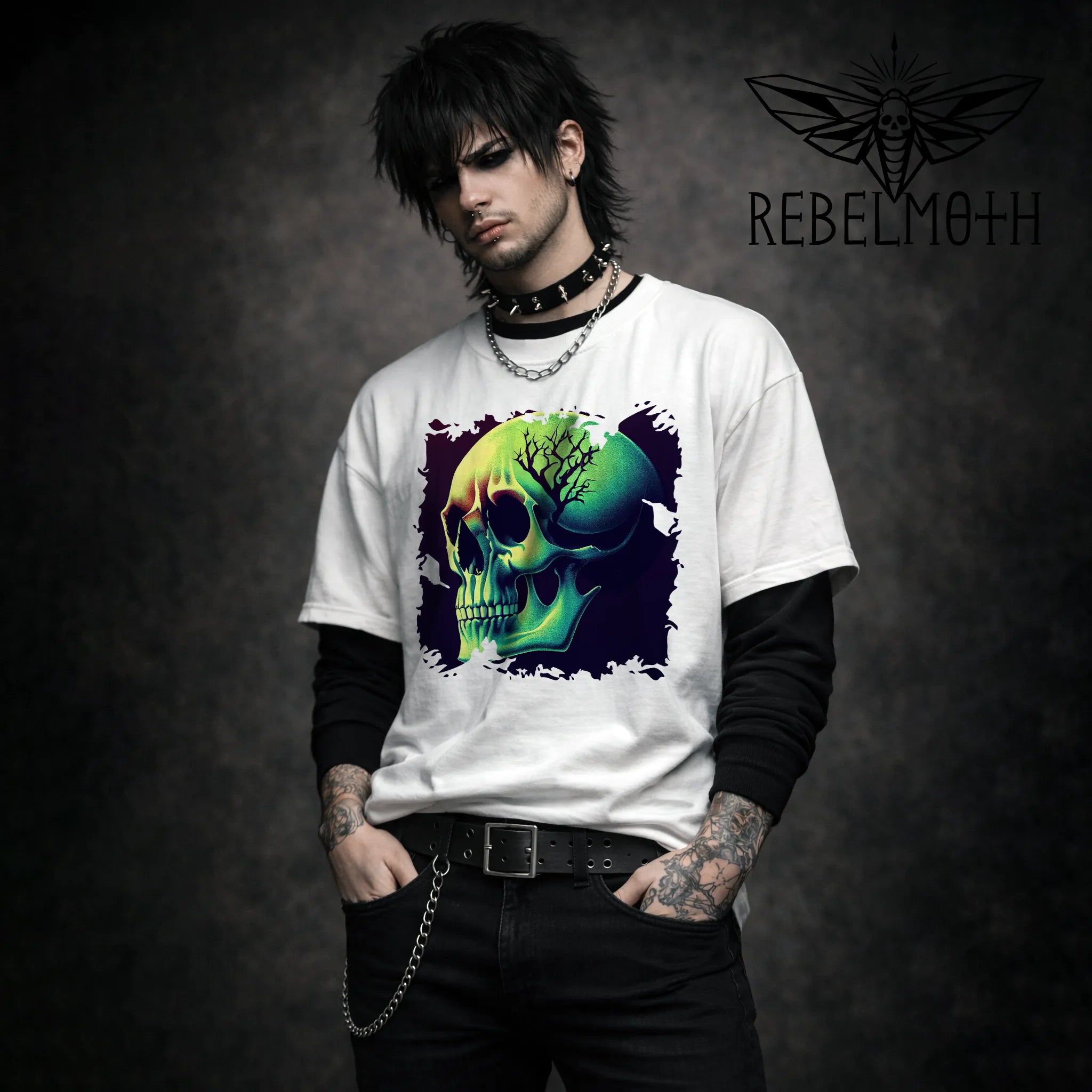 Man wearing a Neon Skull White T-Shirt - Cyber Goth Dark Graphic Tee