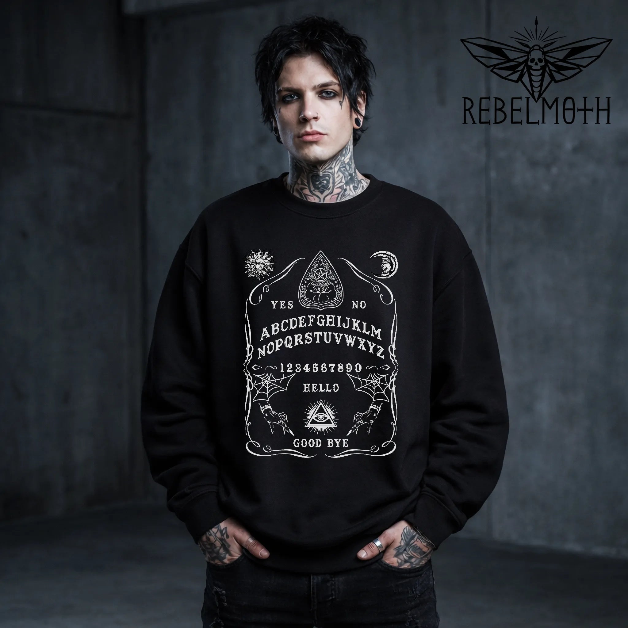 Black Ouija board crewneck sweatshirt with vintage spirit board occult graphic gothic crewneck
