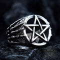 Gothic pentagram ring in stainless steel with skeleton hands