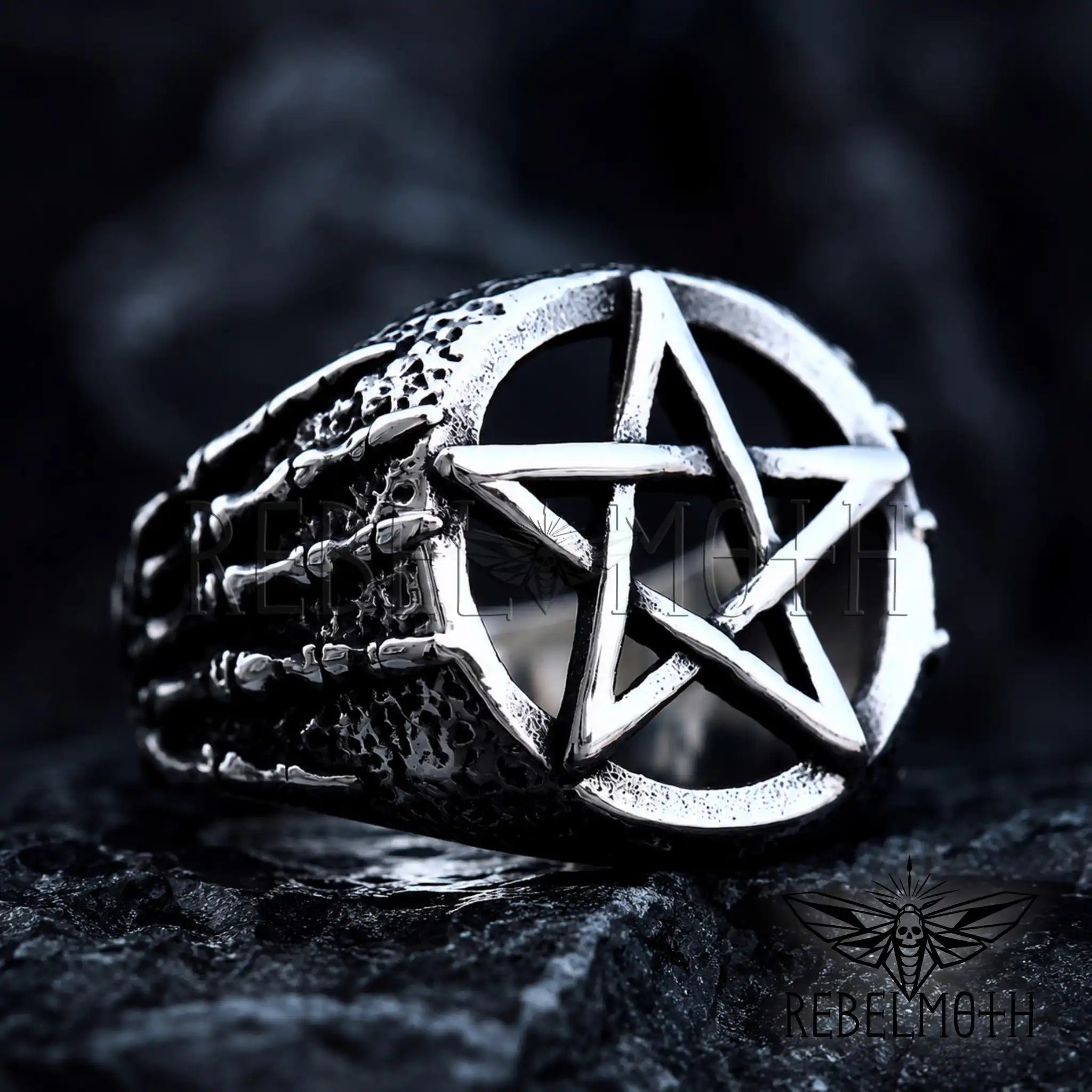 Gothic pentagram ring in stainless steel with skeleton hands