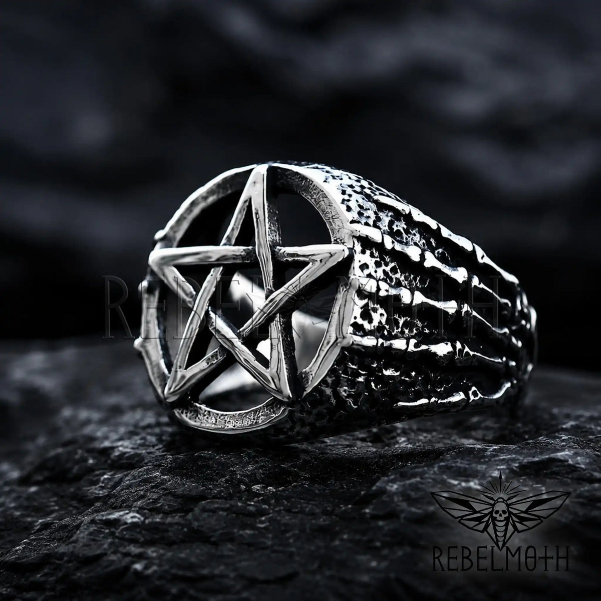 Stainless steel pentagram biker ring with bone hand details