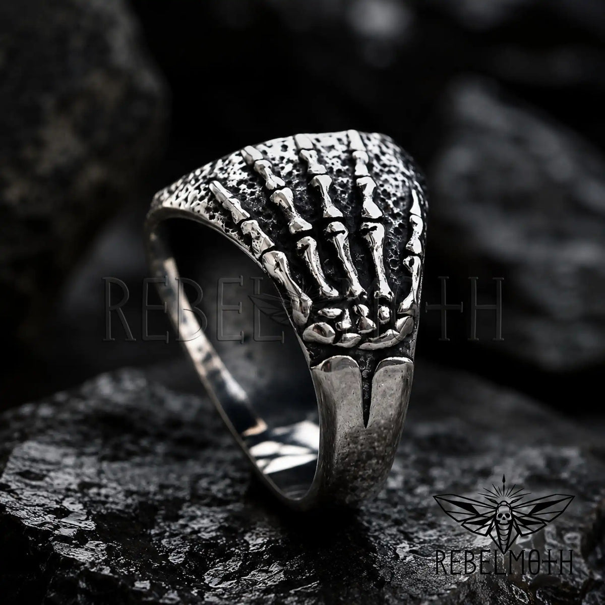 Pentagram ring with skeletal hands and blackened details