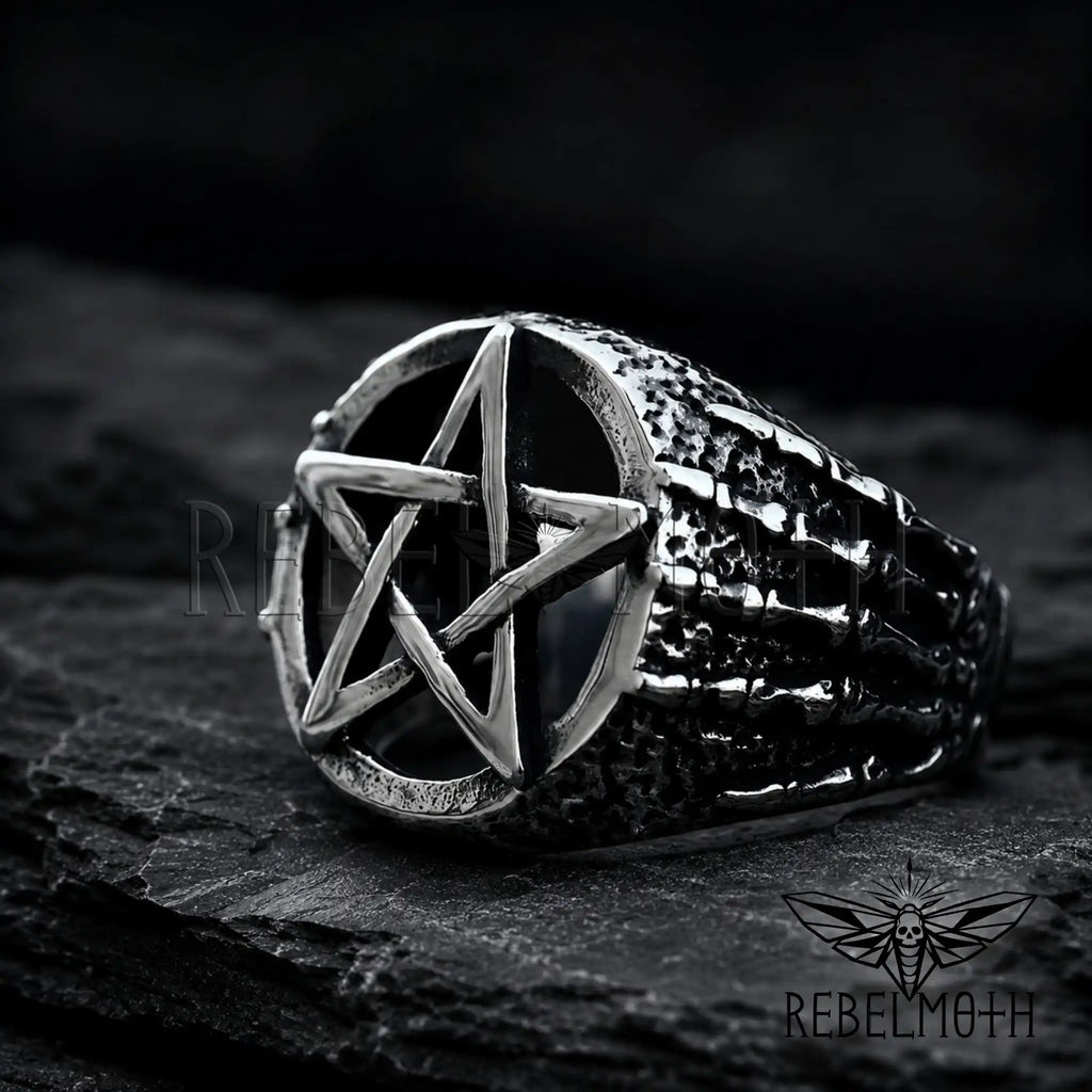 Stainless steel pentacle ring for gothic biker style