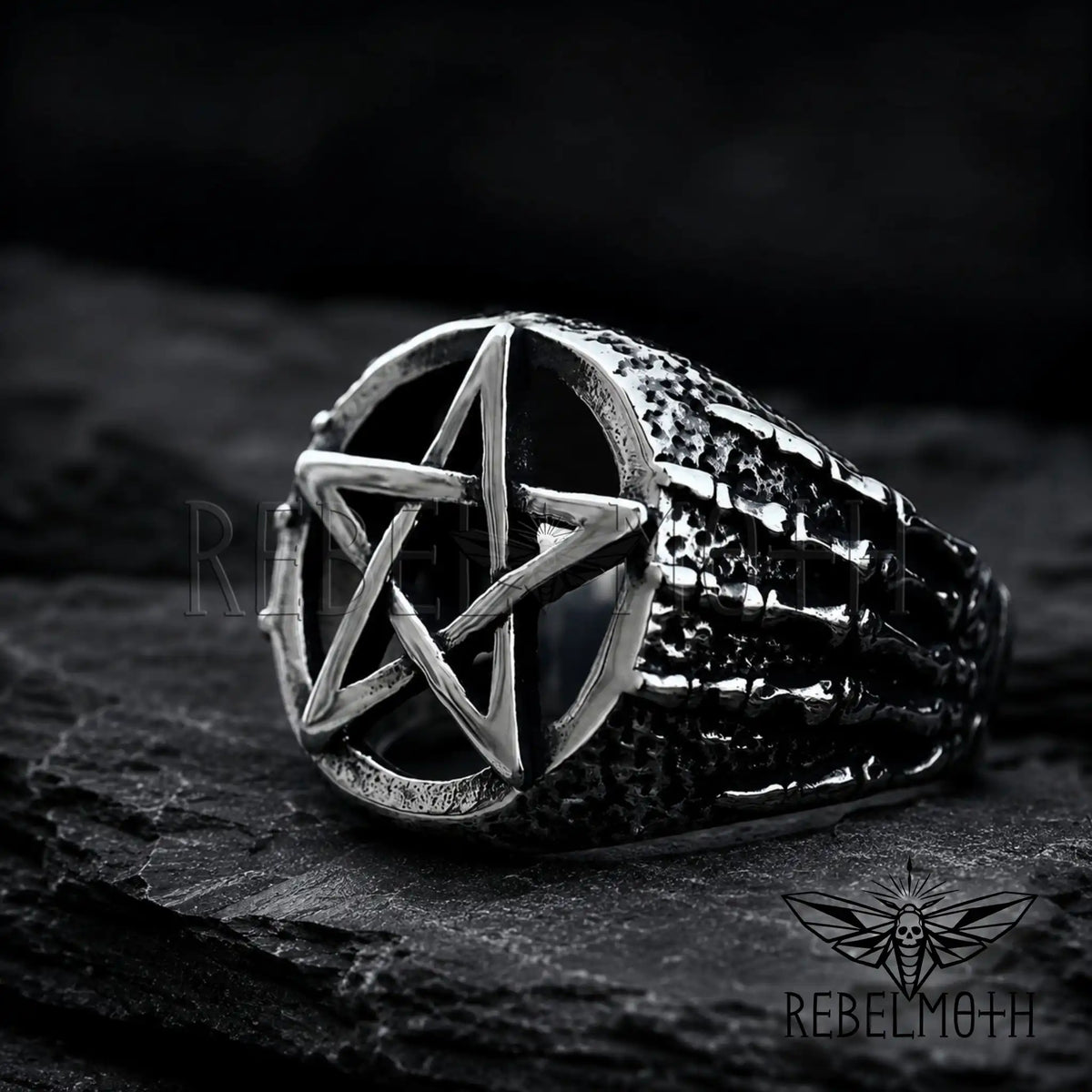 Stainless steel pentacle ring for gothic biker style