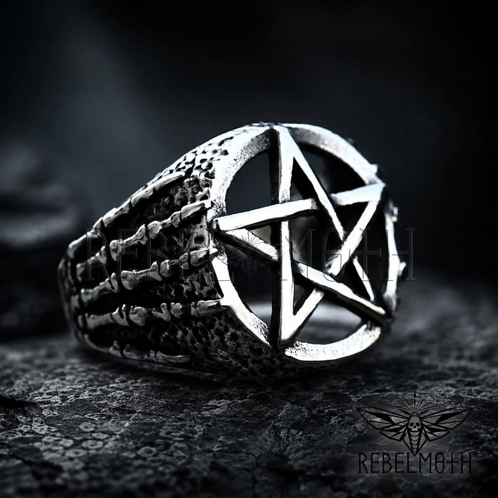 Men's gothic ring with pentagram and skeleton hand design