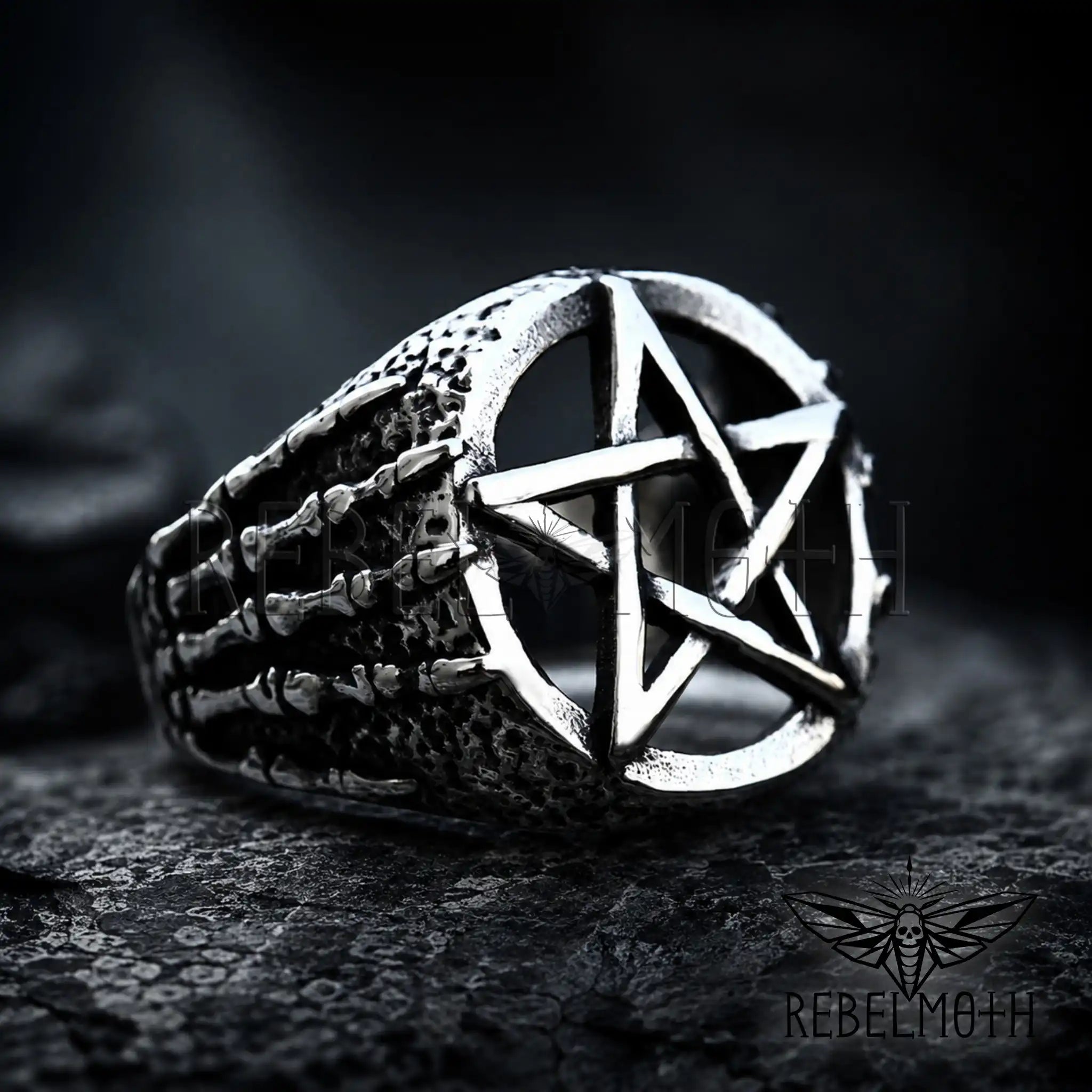Men's gothic ring with pentagram and skeleton hand design