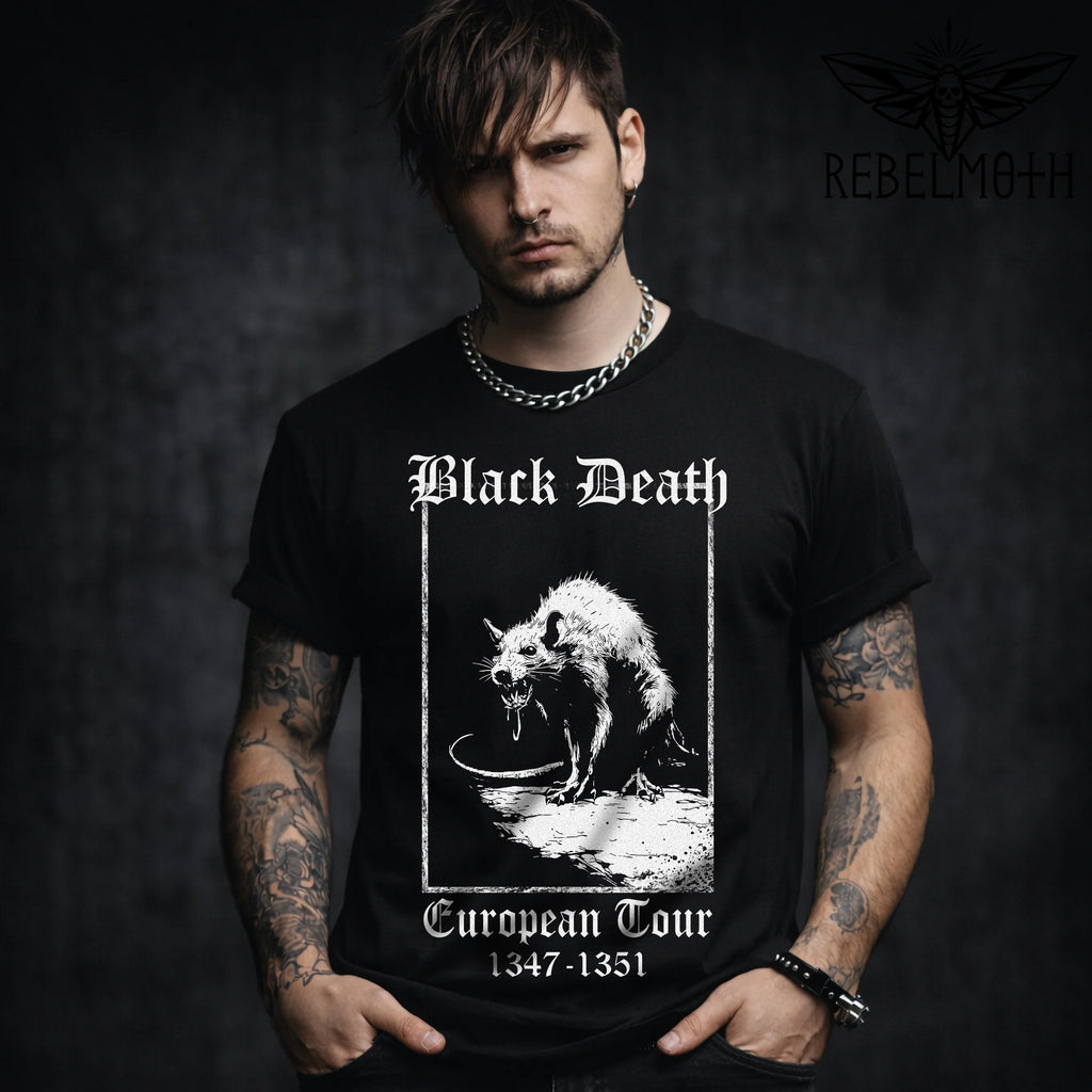 Model wearing black Black Death plague rat graphic tee, front view