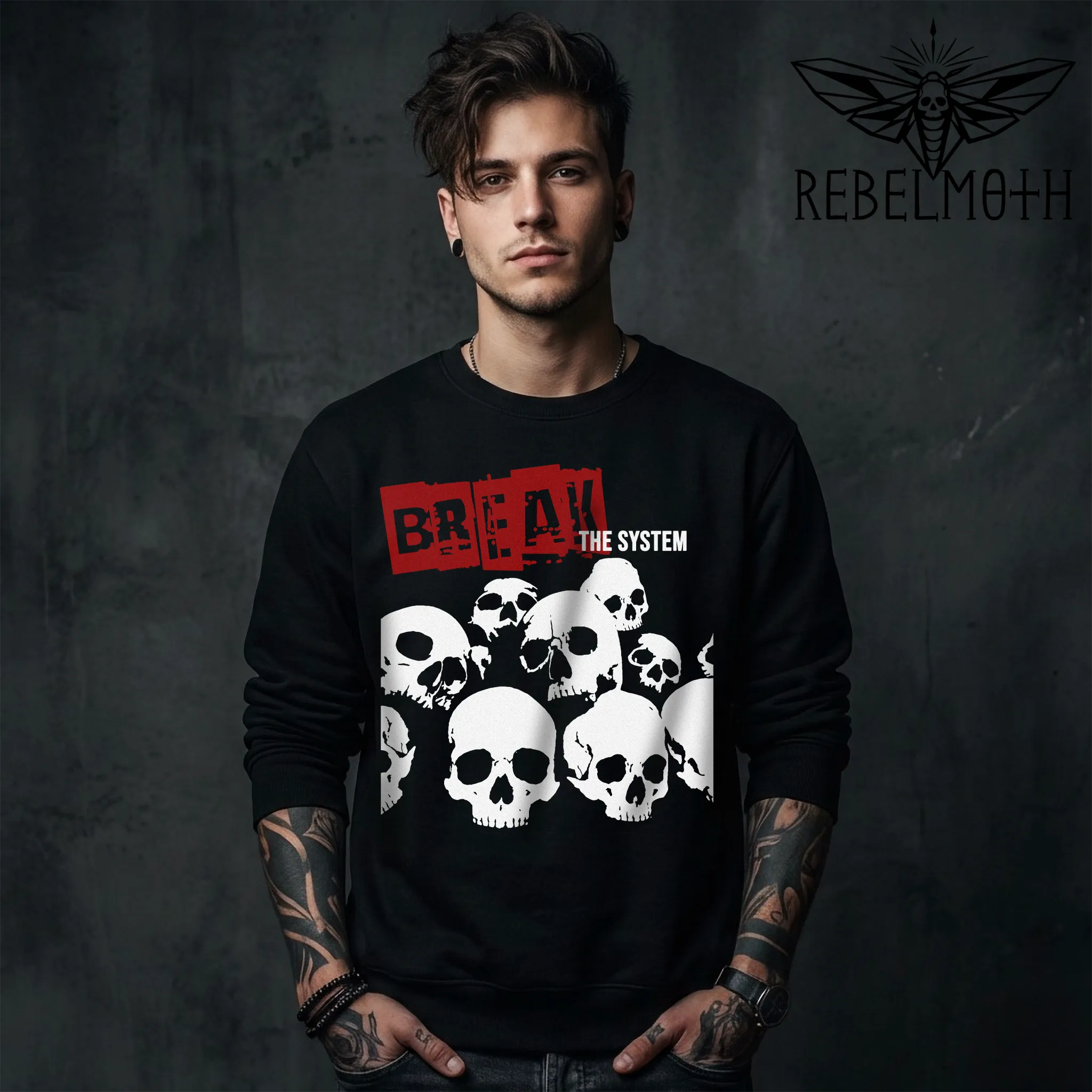 Break the System punk sweatshirt with rebel skulls graphic – RebelMoth