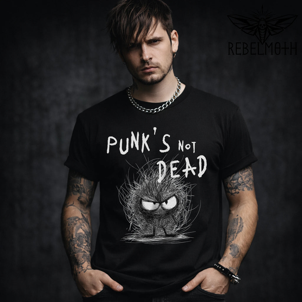 Man wearing a black Punk’s Not Dead Hedgehog T-Shirt by RebelMoth