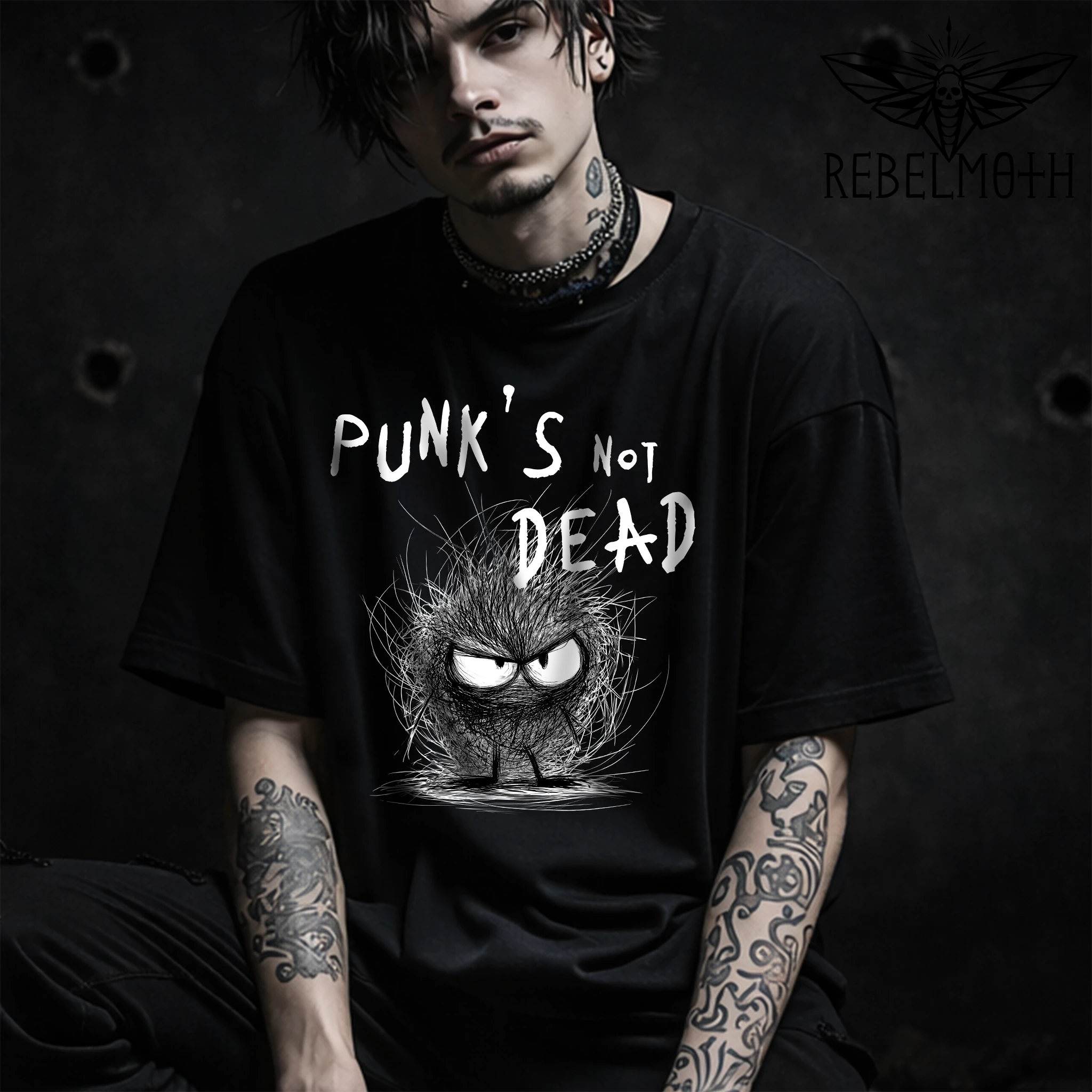 Black Punk’s Not Dead hedgehog T-shirt with white punk graphic by RebelMoth