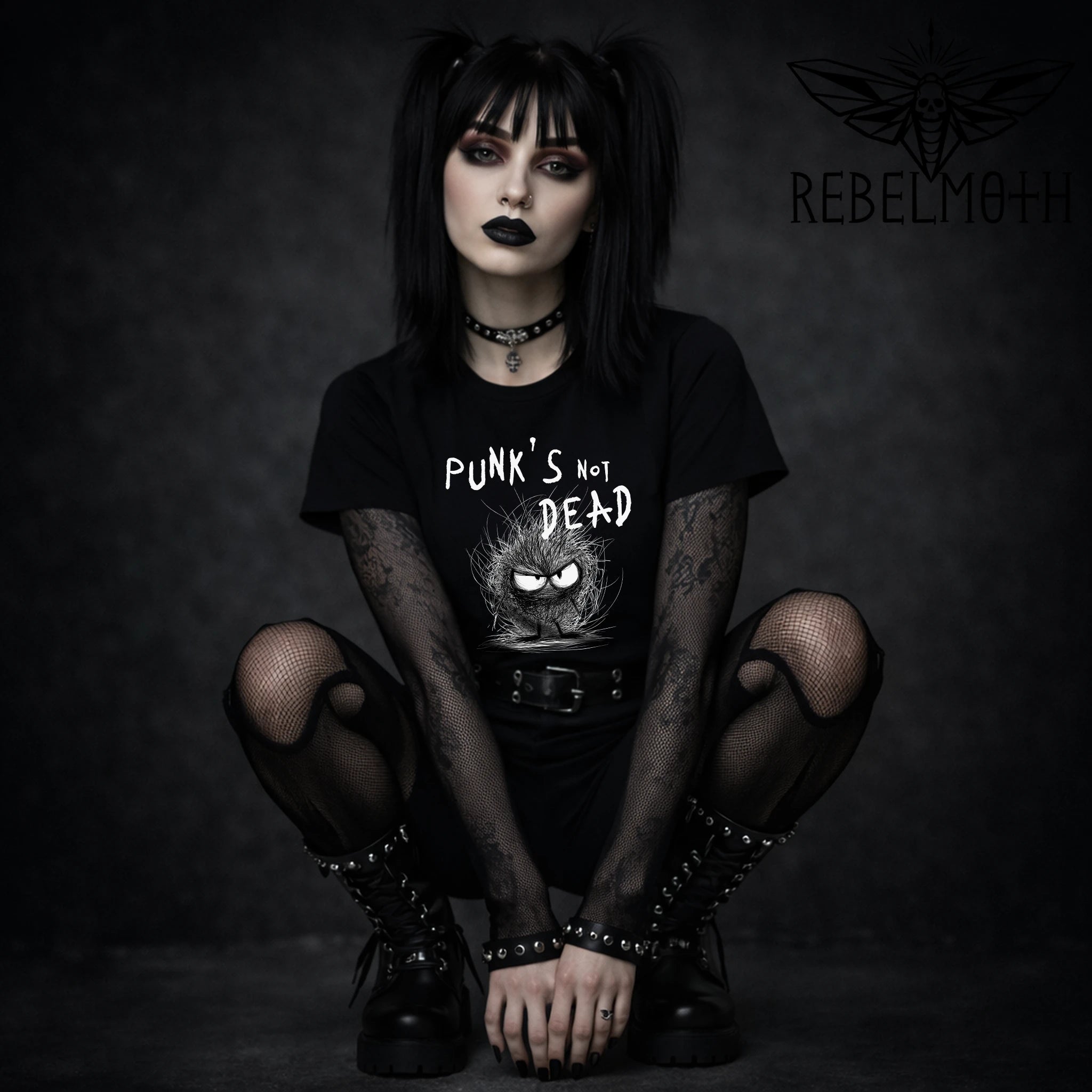 Black Punk’s Not Dead hedgehog T-shirt with white punk graphic by RebelMoth