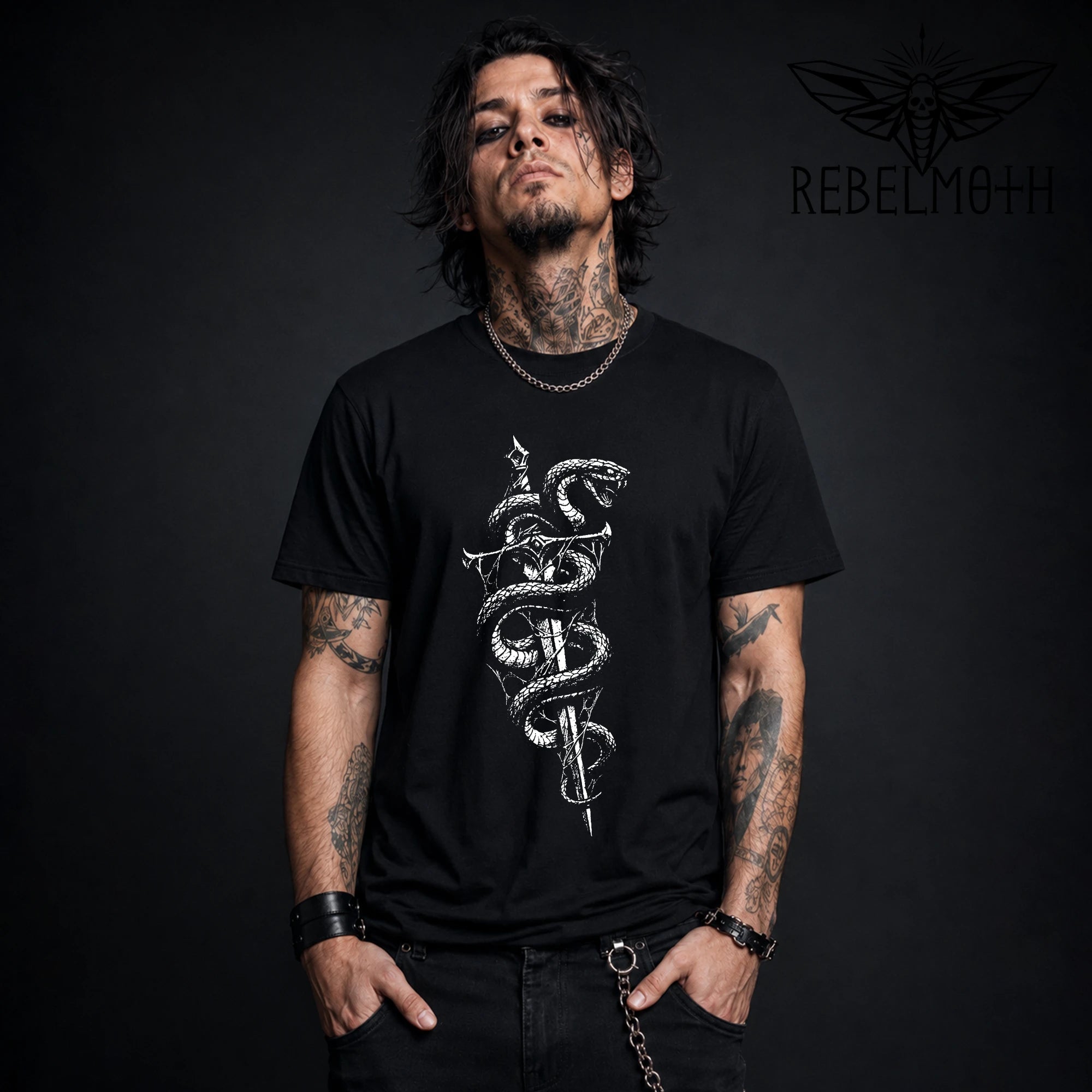 Black gothic serpent dagger t-shirt with snake wrapped around sword front print