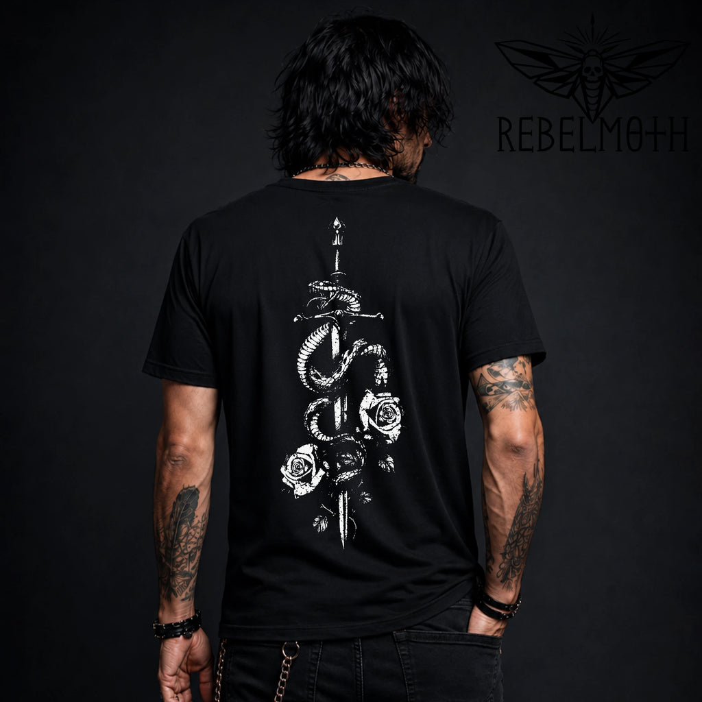 Serpent Sword T-Shirt – Gothic Snake Rose Tee