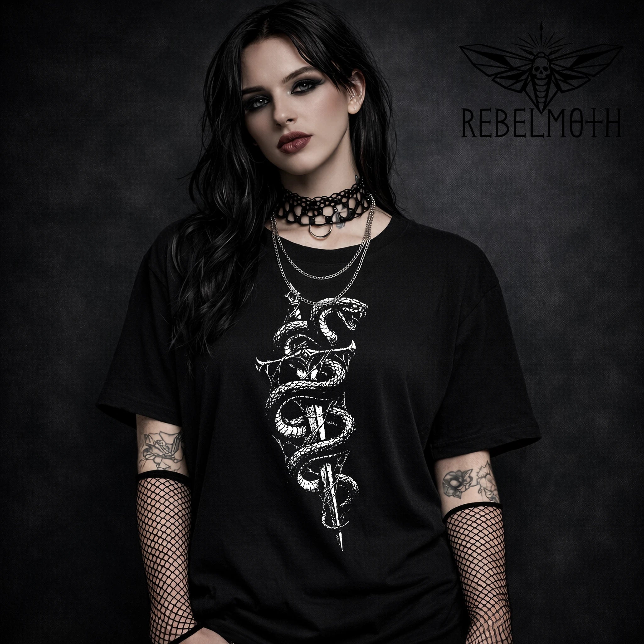 Gothic snake sword graphic tee with serpent wrapped around blade on black t-shirt