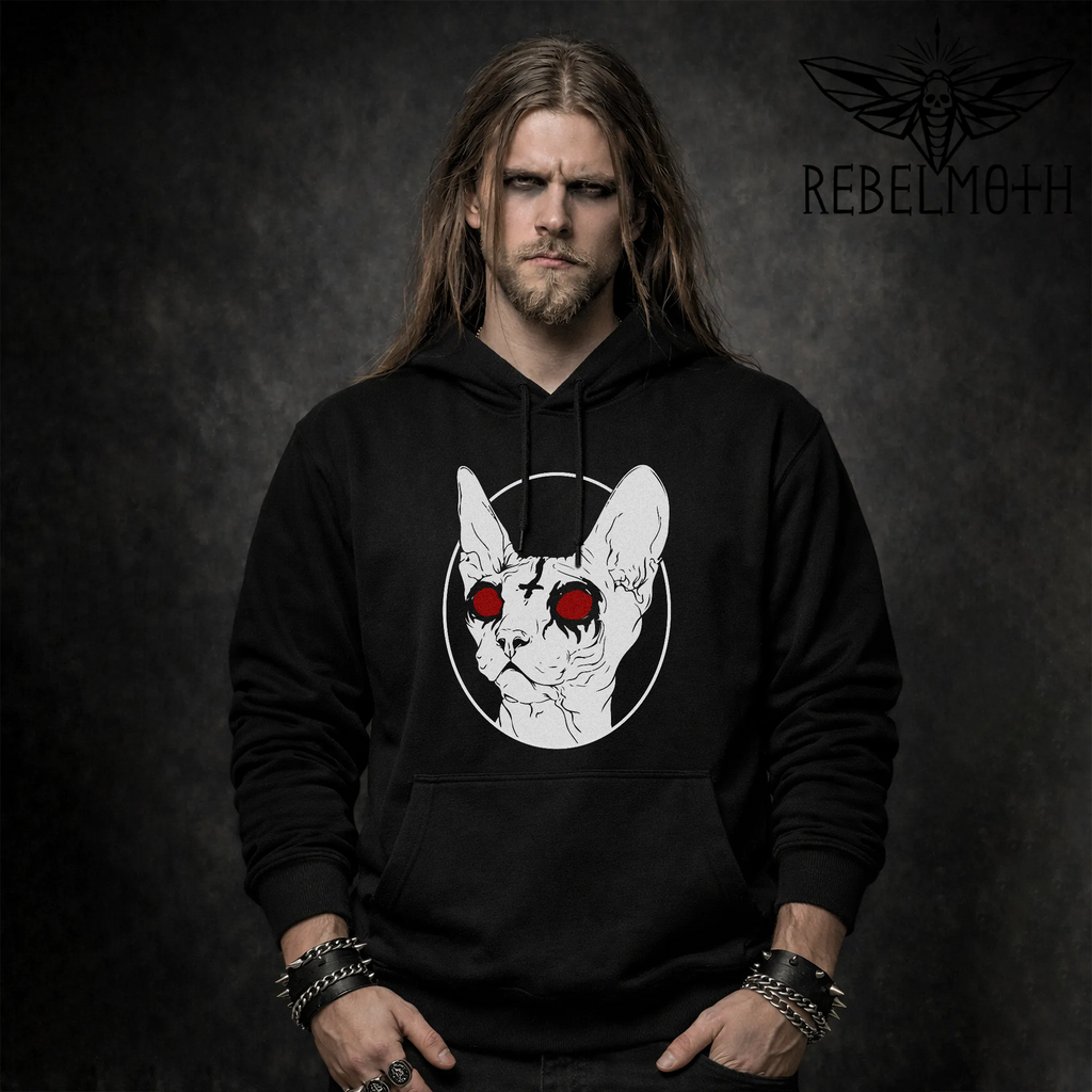 Man wearing a Sphynx Cat Black Metal Hoodie, occult metalhead streetwear