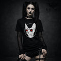 Black t-shirt with red-eyed sphynx cat and inverted cross occult graphic (black metal cat tee)