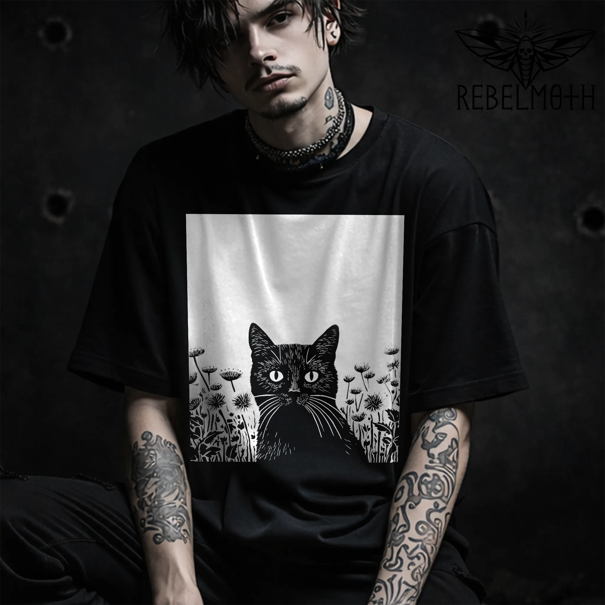 Man wearing a Black t-shirt with black cat in a wildflower garden vintage linoprint graphic.