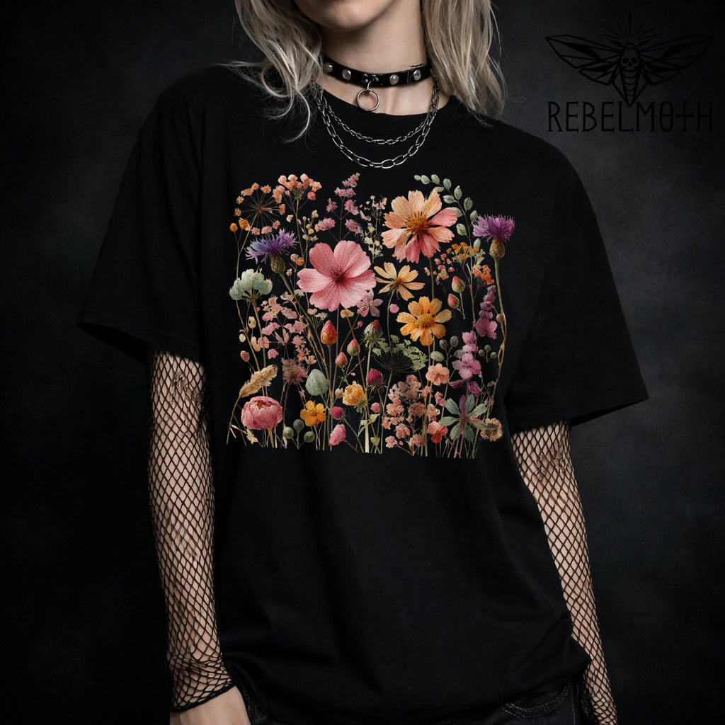 Black t-shirt with vintage wildflower meadow botanical graphic in color (dark cottagecore tee)
