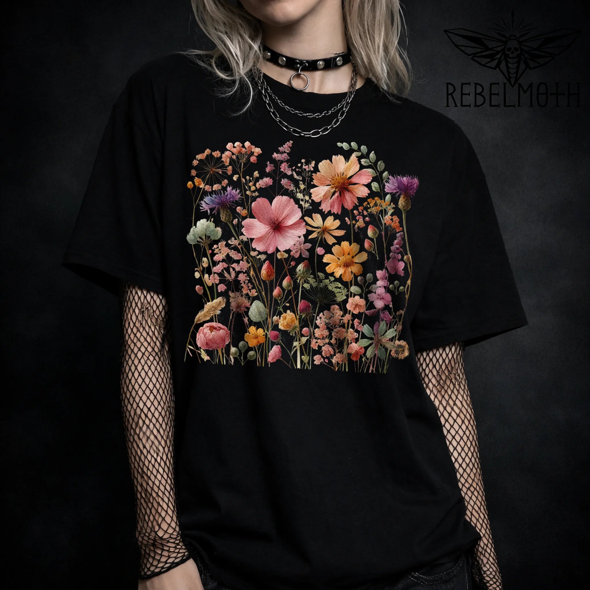 Black t-shirt with vintage wildflower meadow botanical graphic in color (dark cottagecore tee)