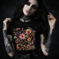 Black t-shirt with vintage wildflower meadow botanical graphic in color (dark cottagecore tee)