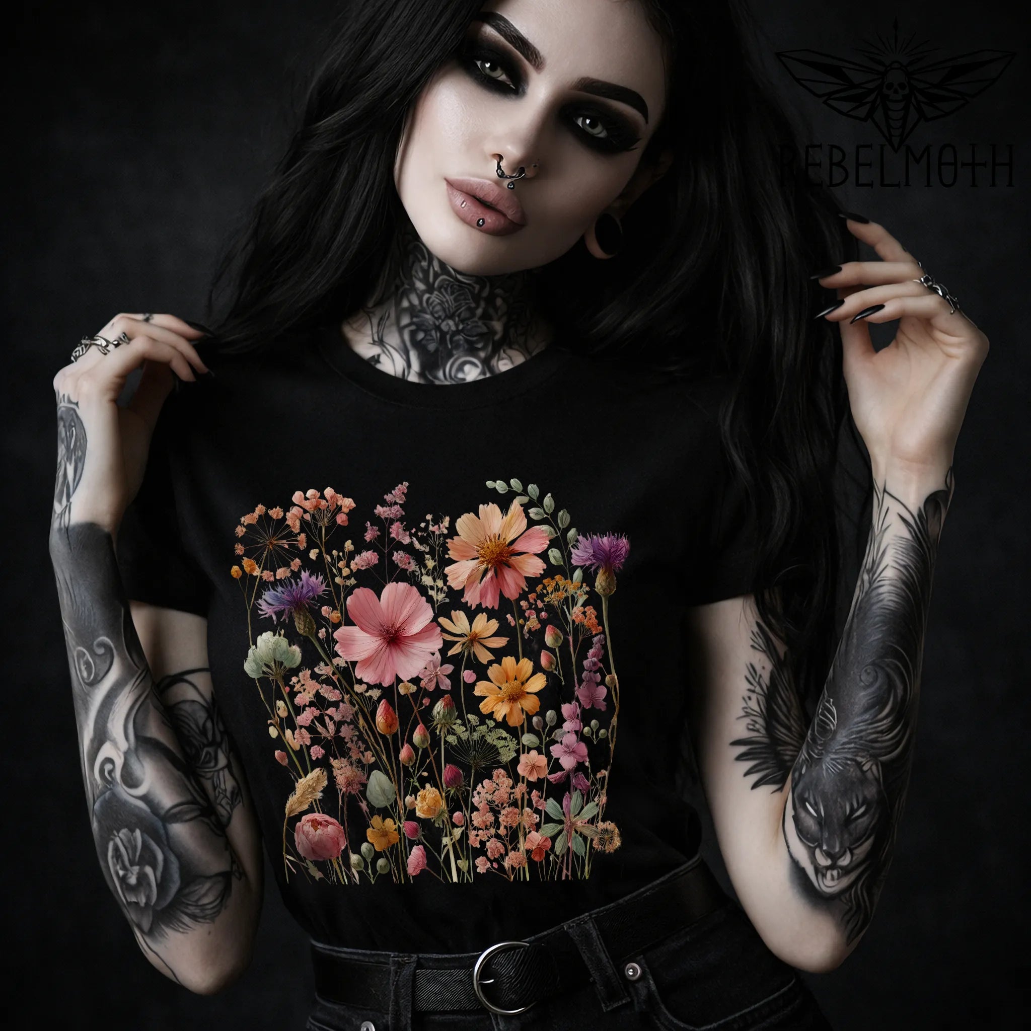 Black t-shirt with vintage wildflower meadow botanical graphic in color (dark cottagecore tee)