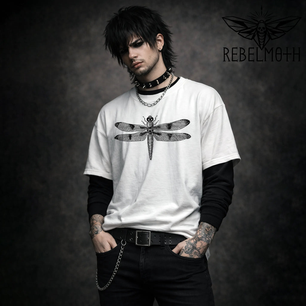 White goth dragonfly T-shirt with black vintage insect graphic and skull detail by RebelMoth