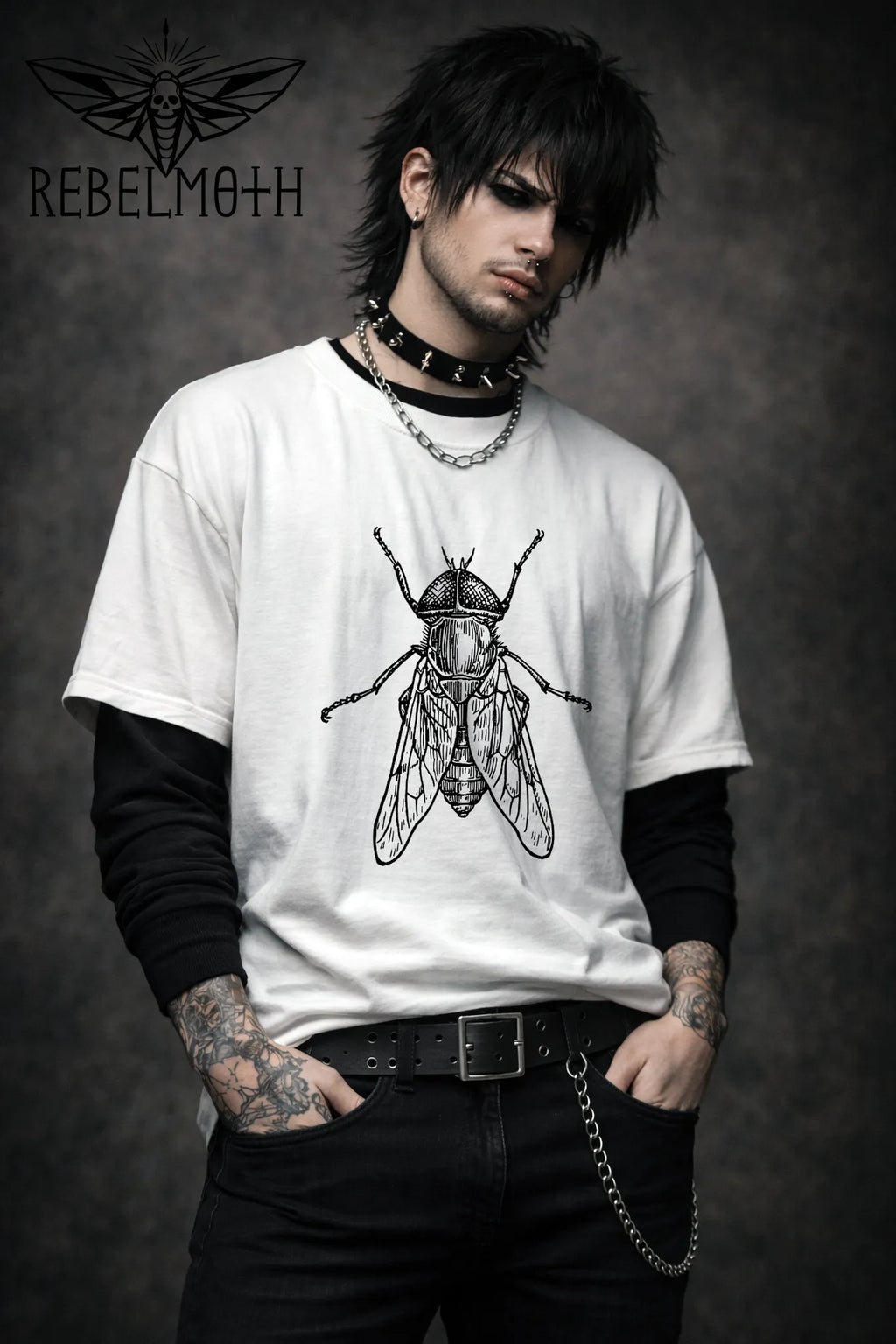 Man wearing white t-shirt with vintage house fly insect illustration graphic in black line art (minimal bug tee)