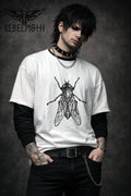 Man wearing white t-shirt with vintage house fly insect illustration graphic in black line art (minimal bug tee)