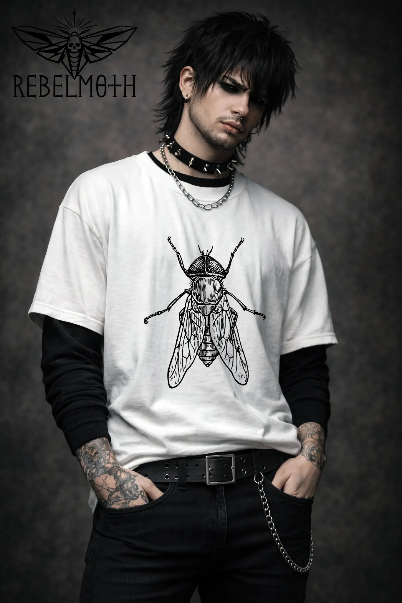Man wearing white t-shirt with vintage house fly insect illustration graphic in black line art (minimal bug tee)