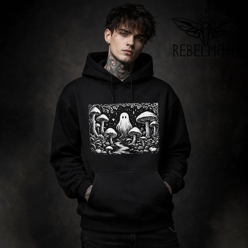 Ghost in Mushroom Forest Hoodie – Weirdcore Linocut Graphic