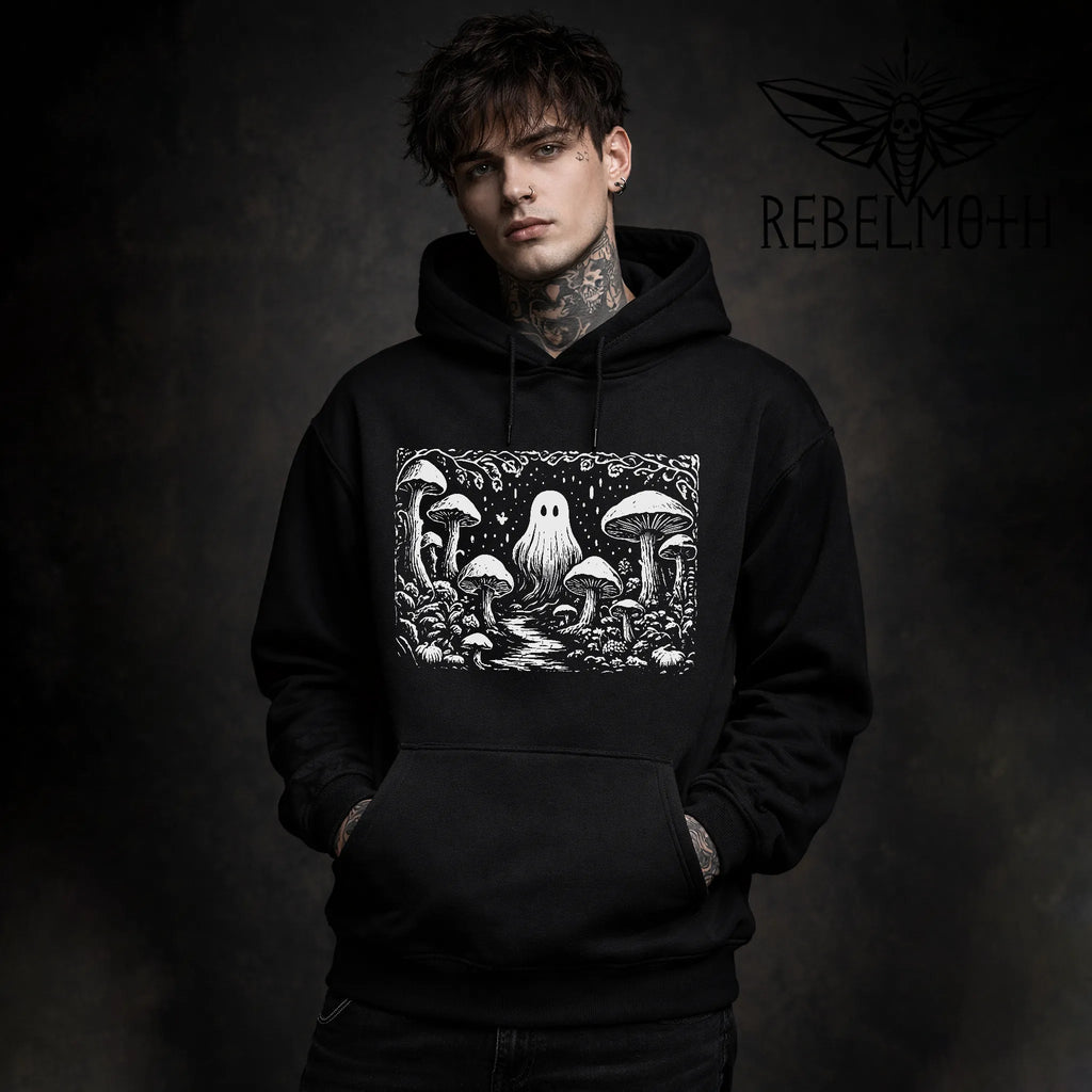 Model wearing ghost in mushroom forest weirdcore linocut hoodie, front view