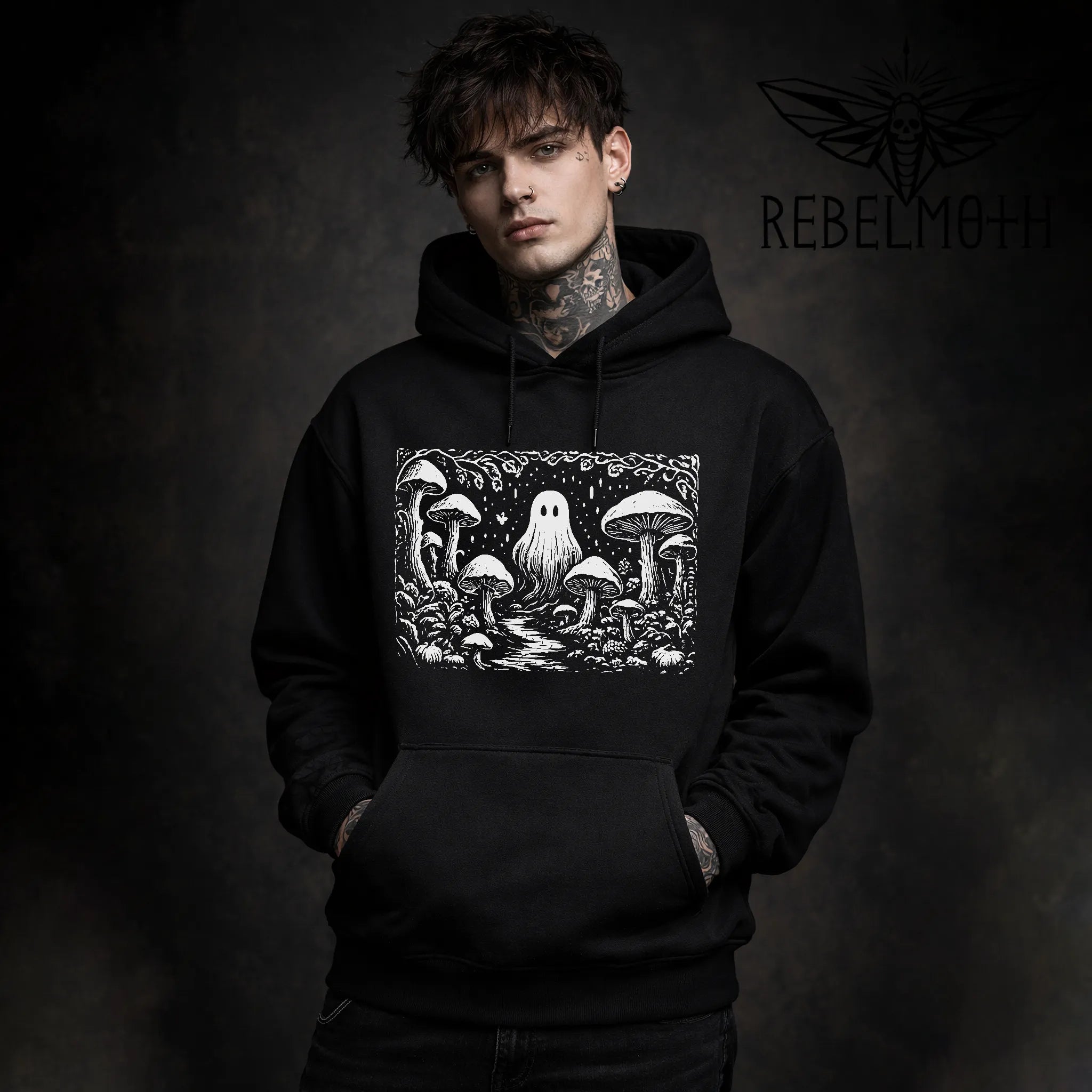 Model wearing ghost in mushroom forest weirdcore linocut hoodie, front view