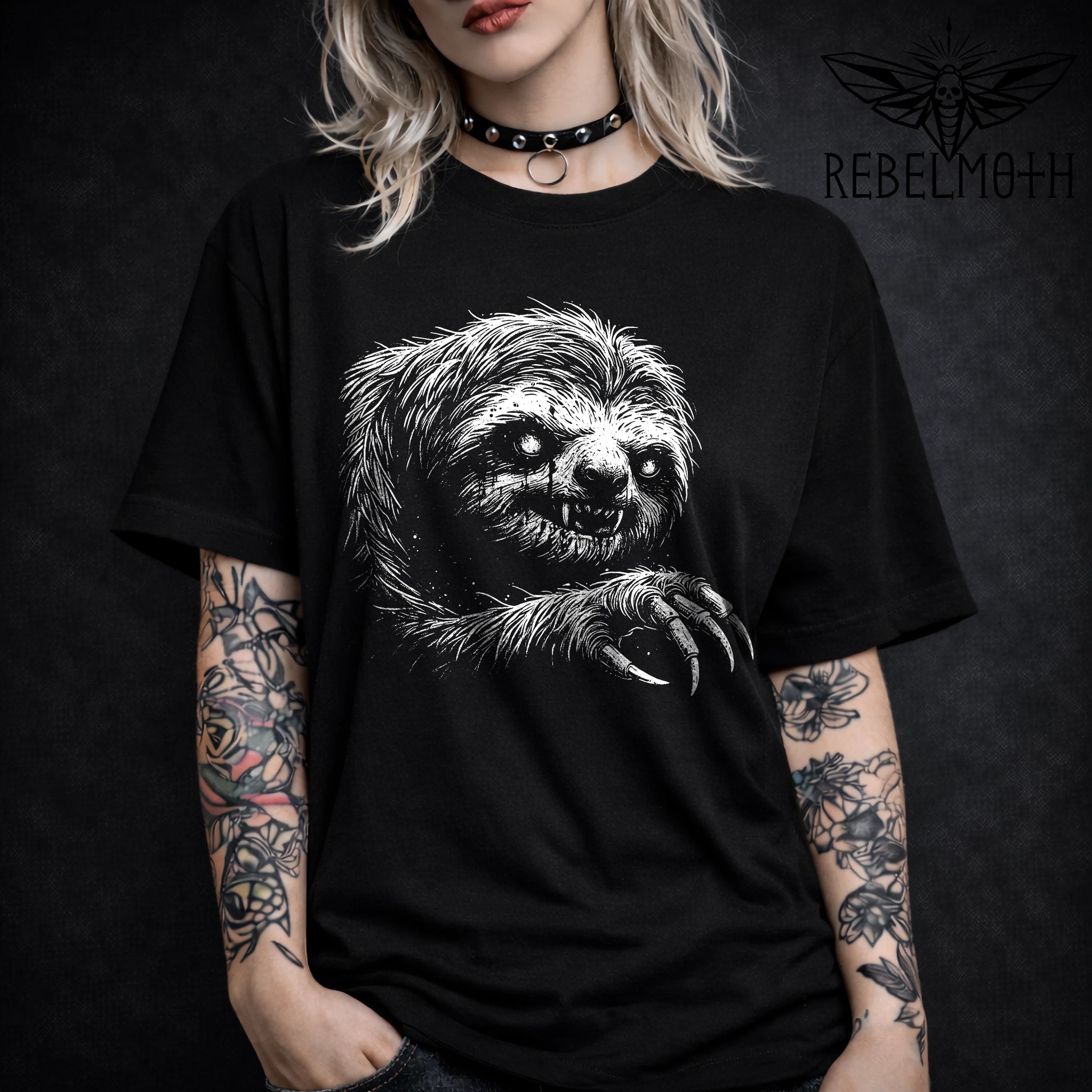 Black gothic dark sloth t-shirt with creepy animal front print