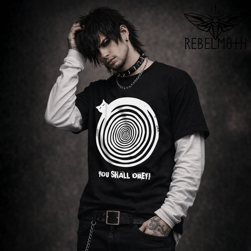 Black hypnotic cat T-shirt with spiral graphic and You Shall Obey text by RebelMoth