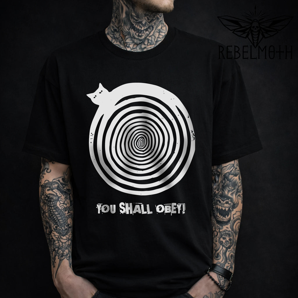 Black hypnotic cat T-shirt with spiral graphic and You Shall Obey text by RebelMoth